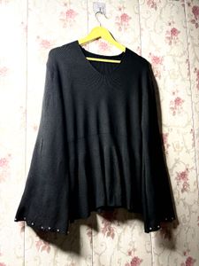 Black Peplum Top with Studded Sleeves