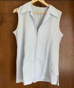 Light Blue Striped Sleeveless Zip-Up Top
