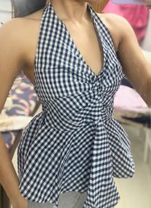 Black & White Gingham Halter Neck Peplum Top
