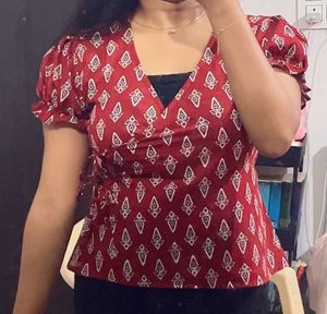 Maroon cotton Printed Wrap Top