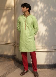 Green Jacquard Ethnic Kurta Set with Maroon Pajama