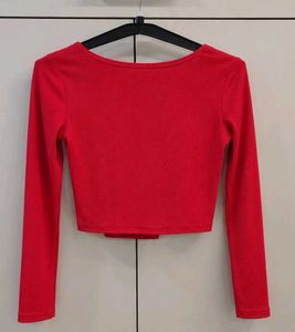 Red Ribbed Long Sleeve Crop Top