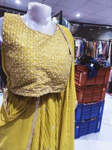 Yellow color lhega choly heavy sequin 3psc set