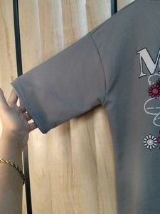 Grey Ribbed T-Shirt with Floral Detail
