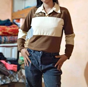 Korean Brown Colorblocked Crop Top