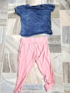 Trendy Blue Washed Tee &amp; Pink Joggers Set