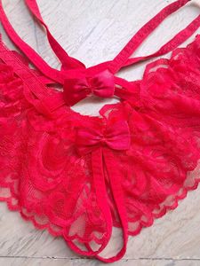 Red Smocked Bikini Set with Lace Detail