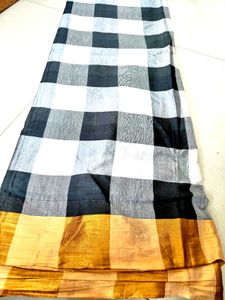 black and white chex zari border semi silk saree