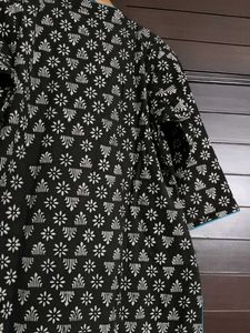 Black Printed Kurta with Blue Embroidery