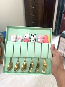 Cartoon Themed Dessert Spoon & Fork Set - Green