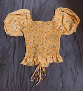 Yellow Floral Lace-Up Crop Top