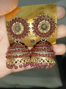 Maroon &amp; Gold Jhumka Earrings