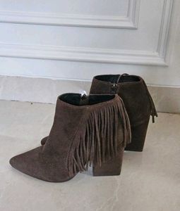 Suede fringe olive-brown heel boots