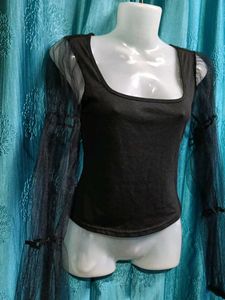 Elegant Black Top with Mesh Sleeves