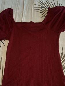 Maroon Puff Sleeve Square Neck Top