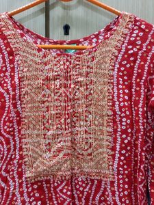 Red Bandhani Kurta with Gold Embroidery