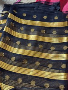 Elegant Navy Blue Saree with Gold Motifs