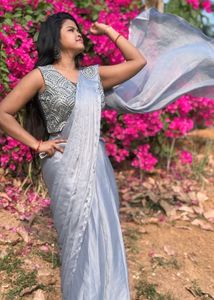 ready to wear Grey Silk Saree with belt
