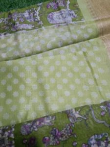 Green Saree with Elephant &amp; Floral Print