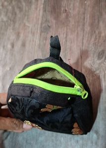 Embroidered Black Pouch with Neon Zipper