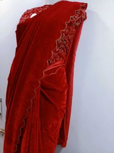Velvet Embroidered Red Saree