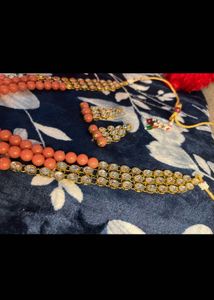 Stunning Peach Bead and Crystal Necklace Set