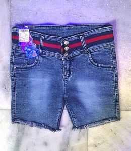 Blue Denim Shorts with Red Stripe Waistband