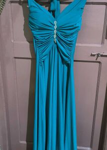 Elegant Teal Halter Neck Embellished Maxi Dress