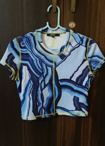 Blue Swirl Print Cropped Top