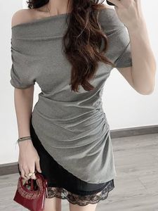 Grey Cotton Off-Shoulder Ruched Top