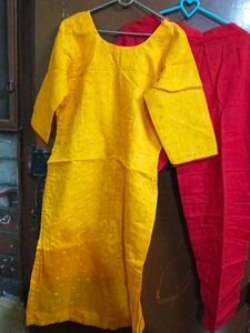 Yellow Kurta Set with Red Pants