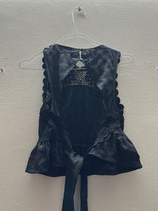 Black Textured Peplum Top with Crochet Trim
