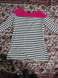 Striped Tunic Top with Pink Neck