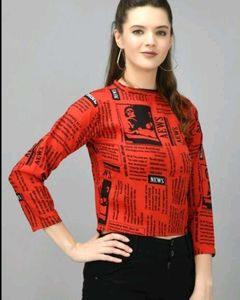 Trendy Red Newspaper Print Top
