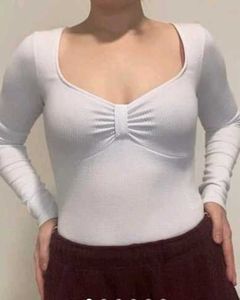 White Ribbed Long Sleeve Sweetheart Neck Top