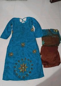 Embellished Teal Kurta with Brown Salwar and Dupat