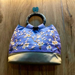 Embroidered Silk Handbag with Bamboo Handle