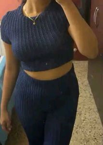 Blue Ribbed Crop Top &amp; Flare Pants Set