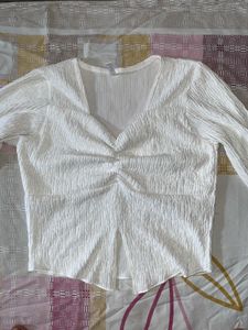 White Textured V-Neck Top