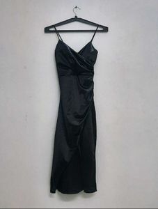Black Cocktail Satin  Dress with Slit