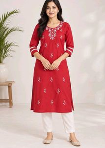 Embroidered Red Cotton Kurta