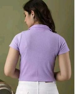 Purple Ribbed Cropped Polo Top