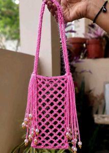 Pink Crochet Phone Bag with Pearls
