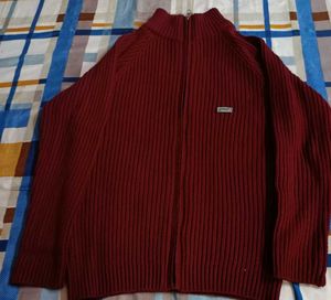 Men's Maroon Ribbed Zip-Up Sweater