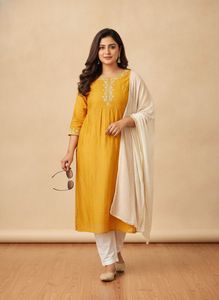 Melange Deep Yellow Chanderi Embroidered Kurta