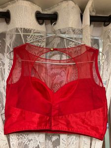 Crimson Red Raw Silk &amp; Net Padded Blouse