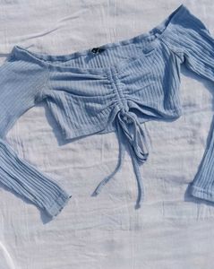 Blue Ruched Off-Shoulder Top