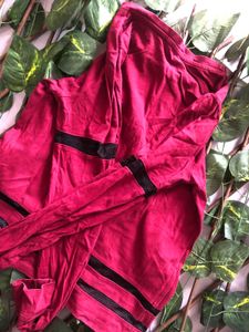 Maroon Crew Neck Top with Striped Sleeves