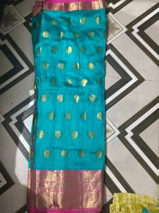 Beautiful Teal Saree with Gold &amp; Pink Border