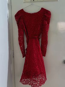 Red Lace Wrap Dress with Puff Sleeves